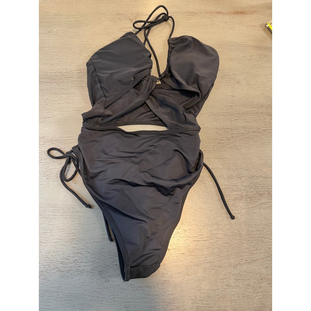 Romwe Black Cutout Monokini One Piece Swimsuit Halter Side Tie Small